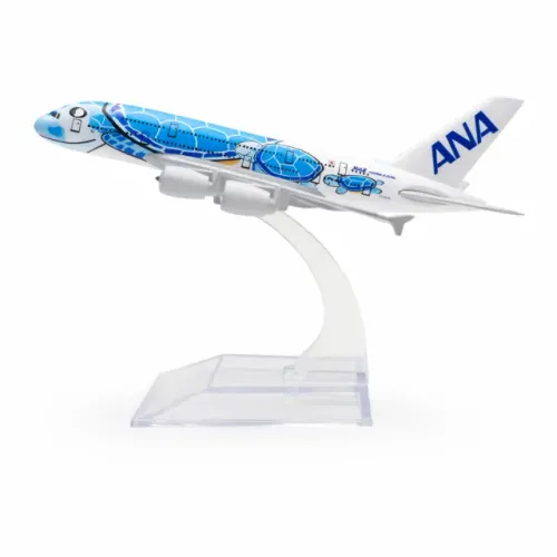 Miniatura De Avião Airbus A380 Ana Japan Airlines Turtle 16cm em Metal e suporte expositor