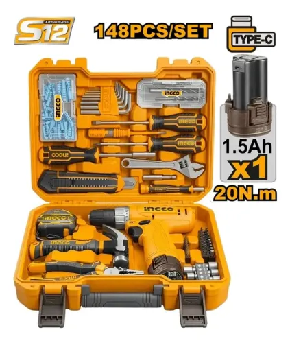 KIT 148 PCS C/ PARAF/FURAD 20 Nm 3/8Pol A BAT 12V LINHA S12 C/ 1 BAT 1.5AH USB-C - INGCO