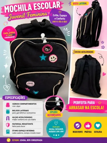 Mochila Escolar Juvenil Feminina Preta Usada 