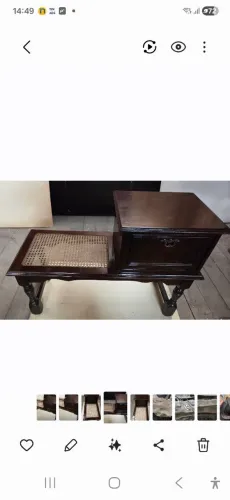 Mesa de Telefone Antiga / Banco Fofoqueira Vintage em Imbuia (Com Palhinha )