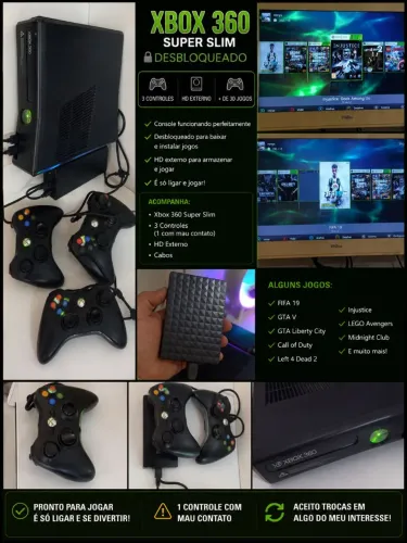 Xbox 360 Super Slim Desbloqueado + HD Externo + 3 Controles<br><br>
