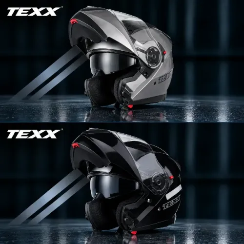 Capacete Gladiador Moto Escamoteável TEXX V3 Articulado Robocop Cor Preto e Chumbo Fosco