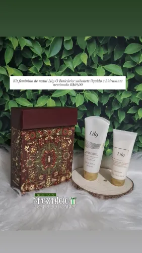 Kit natalino feminino Lily O Boticário: creme acetinado hidratante e sabonete liquido