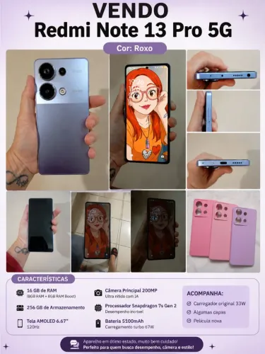 Redmi Note 13 Pro 5G 256GB | 16GB RAM | 200MP | Completo | R$ 1.800