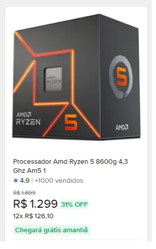 Processador AMD Ryzen 5 8600G Box AM5 6 Cores/12 Threads/5.0GHz Radeon/AMD Ryzen AI