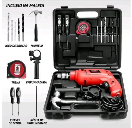 Furadeira com kit martelo, trena, chaves e brocas.