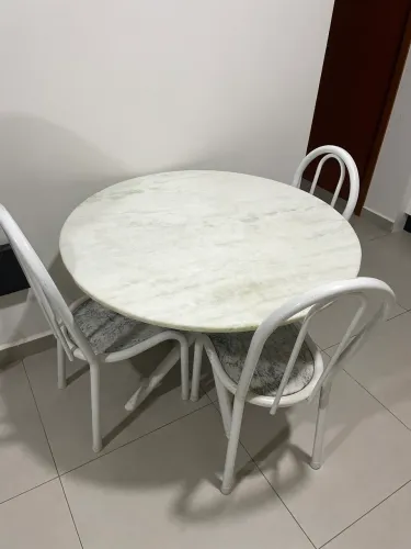 Mesa de Jantar Pedra de Mármore Redonda com 3 Cadeiras