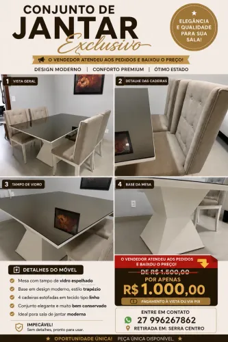 Mesa tampo de vidro com 4 cadeiras