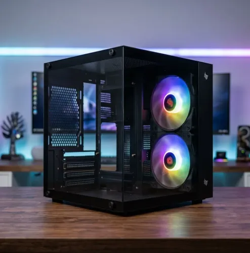Gabinete Gamer Aquário Mini-Tower Preto - Vidro Temperado + 2 Fans RGB