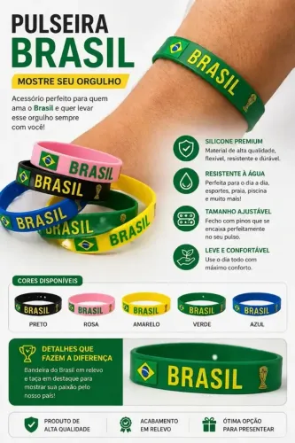 Kit 2 Pulseiras Do Brasil Silicone Borracha Verde Azul Amarela