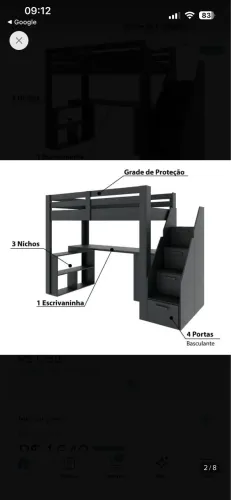 Cama Suspensa Preta com Escrivaninha e Gavetas
