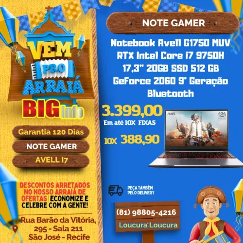 Notebook Gamer Avell G1750 MUV -Core i7-9750H - GeForce GTX 1650 4GB - 20GB Ram - SSD 512