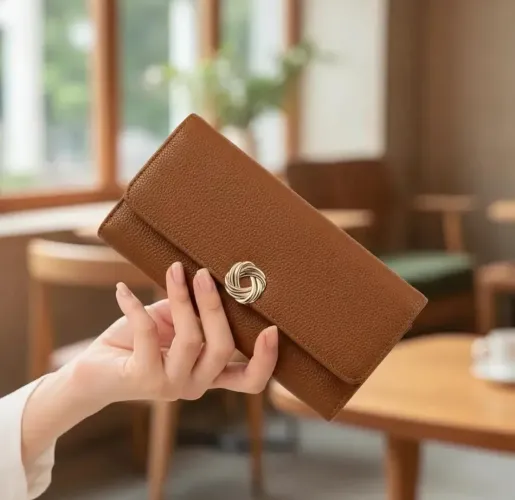 Bolsa Carteira Feminina Longa Couro Texturizado Fecho Nó Dourado Elegante