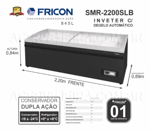 Ilha para Congelados 2,20m Inverter Fricon Dupla Ação Preto 845 L SMR-2200 220V