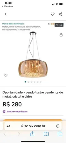 Lustre pendente de metal, cristal e vidro