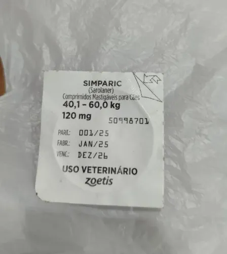 Simparic de 40.1 a 60 kg Para pulga, carrapato e sarna