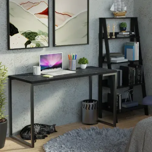 Conjunto Escritório Home Office com Mesa Industrial + Estante Escada Preto Madesa