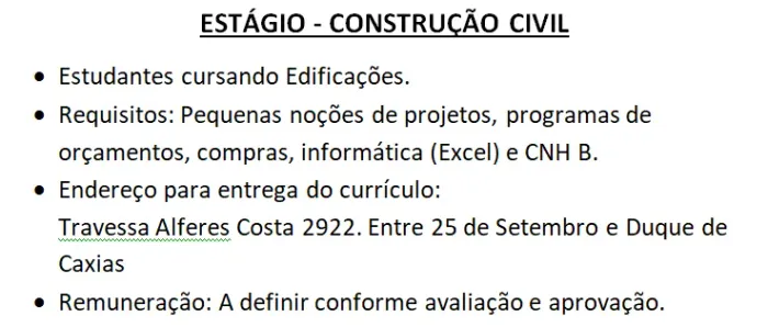 ESTÁGIO - CONSTRUÇÃO CIVIL