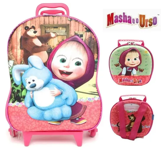 Kit mochila Escolar infantil Masha<br>Mochila Escolar 3D com Rodinhas Masha e o Urso - MaxToy