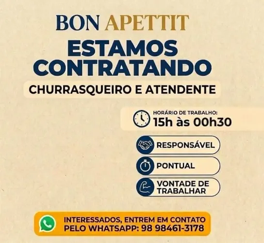 PROCURE-SE CHURRASQUEIRO E ATENDENTE
