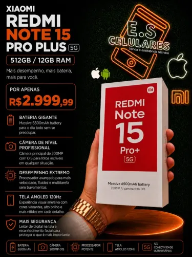 XIAOMI REDMI NOTE 15 PRO PLUS 5G 512GB/12GB RAM - NOVO COM GARANTIA
