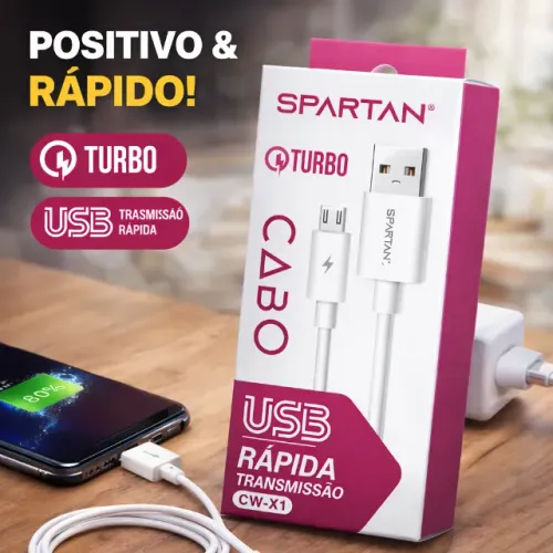 Cabo USB Micro V8 Spartan CW-X1 Turbo 3.0 Carregamento Rápido e Dados 1 Metro pode retirar
