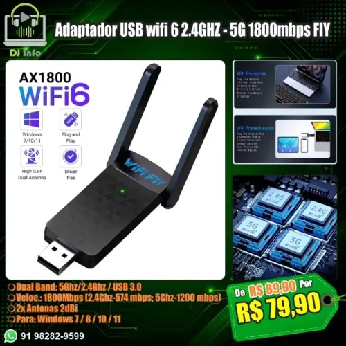 Adaptador USB wifi 6 2.4GHZ - 5G 1800mbps FIY