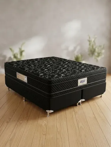 Cama Box King Size Bipartida (193x203cm) + Colchão Eurotop Preto com Bordado Premium