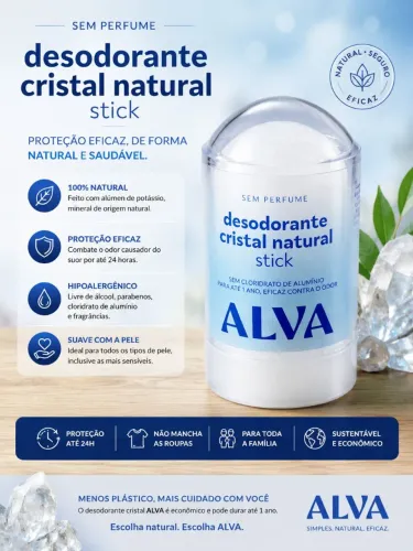 Desodorante Cristal Natural Stick Alva - Sem Perfume 60g