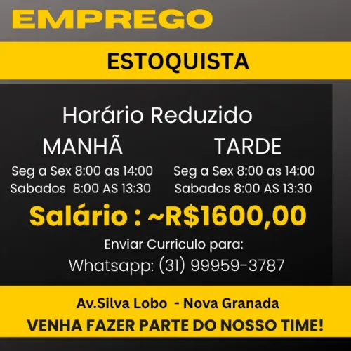 Estoquista - HORARIO REDUZIDO ~ R$1600,00