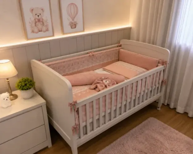 Kit Berço Completo 8 Peças - Rosa Delicado com Renda.