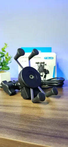 Suporte de Celular com Carregador 2.4a USB Garra para Moto Fixação no Retrovisor ou Parafu