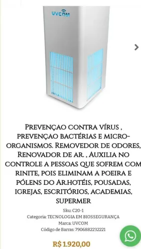 PURIFICADOR DE AR ULTRAVIOLETA,Vendo ou troco por CAMA BOX KING.