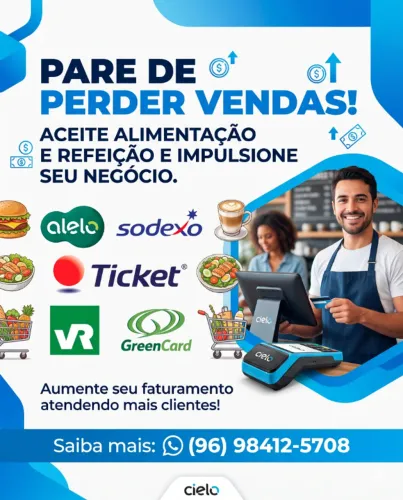 Maquininha de cartão - Cielo! Aceite Vale Alimentação e VR, +80 Bandeiras e Suporte Local