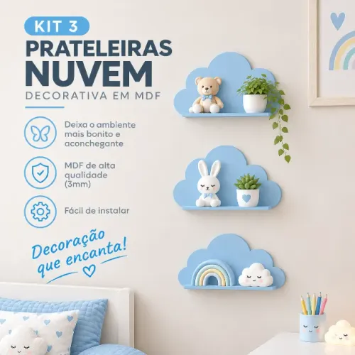 KIT 3 Prateleiras Nuvem em MDF para Decoração