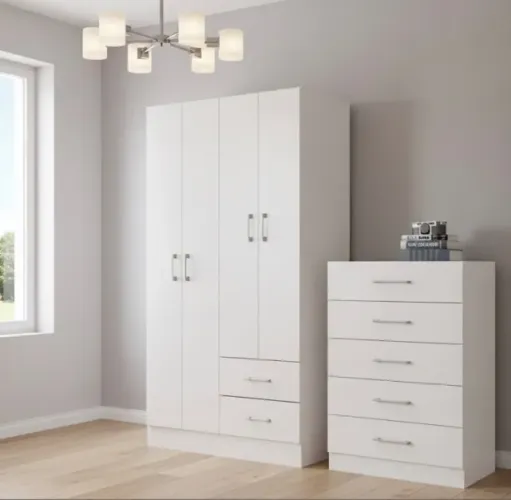 Conjunto Quarto Essencial Guarda-Roupa 4 Portas e Cômoda 5 Gavetas Branco