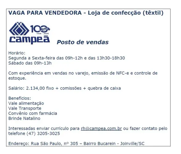 Vaga para vendedora Loja de roupa
