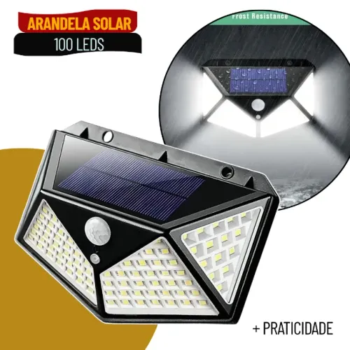 Arandela Solar LED 100 LEDs com Sensor de Presença Jardim ABS Preto - SCS92