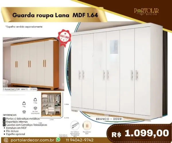 Guarda Roupa Lana MDF 1.64 a pronta entrega