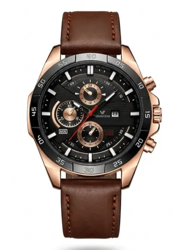 Relogio Masculino Vavavoom Gold Black Esportivo Pulseira Couro Marrom Imponente 46mm