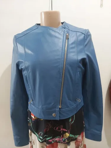 Jaqueta de couro azul da marca Jack corte estilo biker tamanho (P)