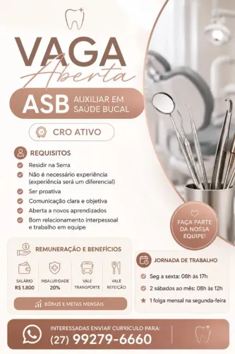 Clínica odontológica na Serra contrata ASB com CRO ativo