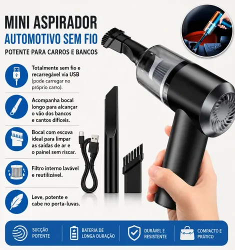 Mini Aspirador Automotivo Sem Fio - Potente para Carros e Bancos