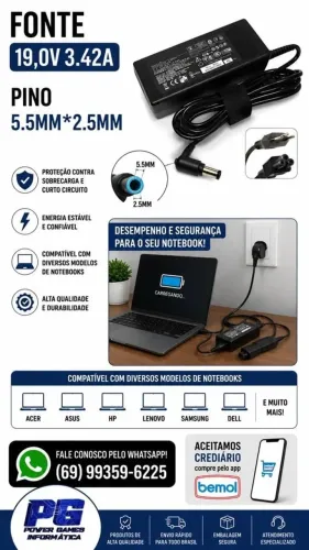 FONTE PARA NOTEBOOK 19V 3.42A ACER LENOVO ASUS HP DELL SAMSUNG