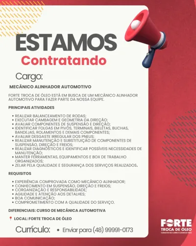 Vaga para Mecânico Alinhador Automotivo