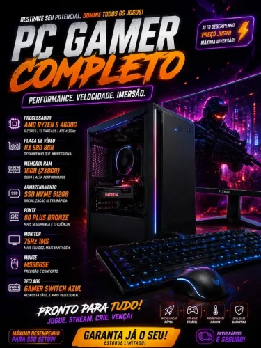 PC Gamer Completo Ryzen 5 4600G + RX 580 8GB + Monitor 75Hz