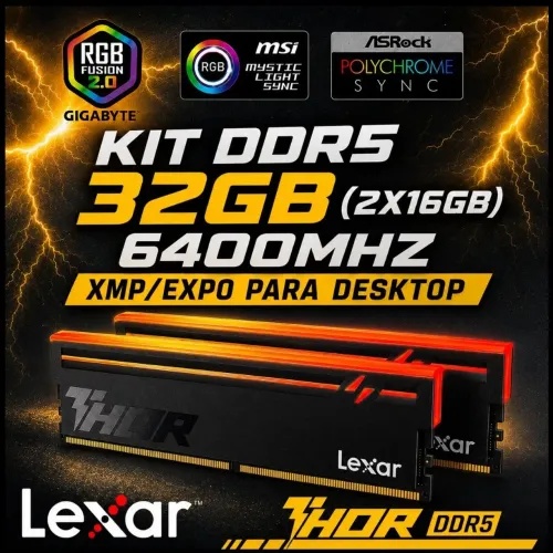 [COR PRETA COM RGB] Memória DDR5 32GB (2X16GB) 6000MHZ  CL38 1.35V PARA DESKTOP LEXAR