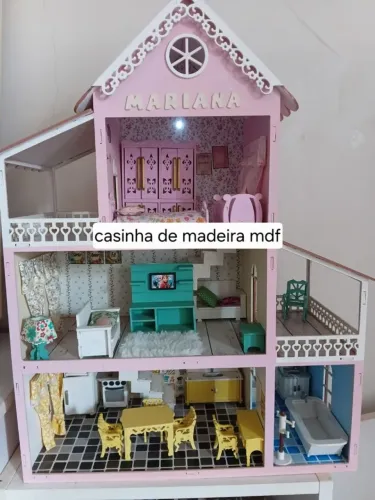 Casinha de bonecas de madeira mdf com luz e móveis
