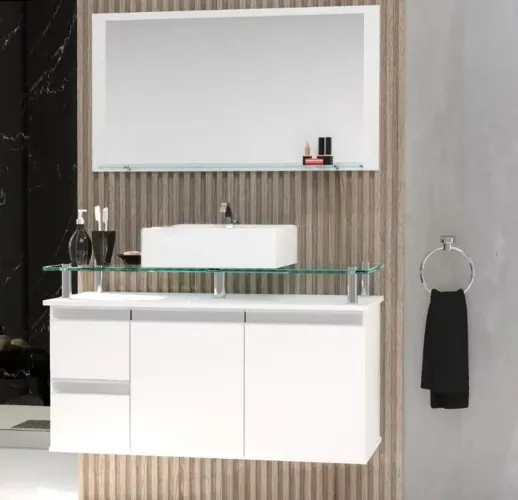 Banheiro Branco 100% MDF Diamante 80cm + Espelheira + Cuba + tampo de vidro temperado