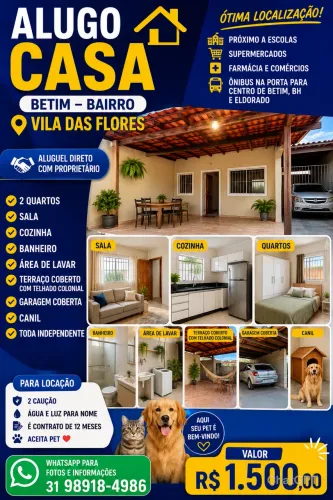 Alugo Casa 2 Quartos - Vila das Flores, Betim | Garagem, Terraço e Aceita Pet | R$ 1.500